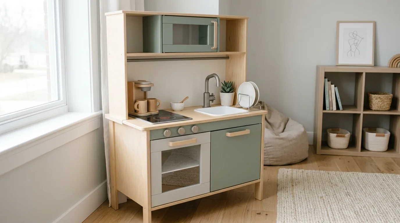 Make the play kitchen coordinate with the room around it inspiration for a kids play kitchen.